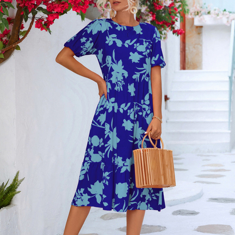 Summer Vacation Women'S Casual Loose Puff Sleeve Floral Printed Midi Dress