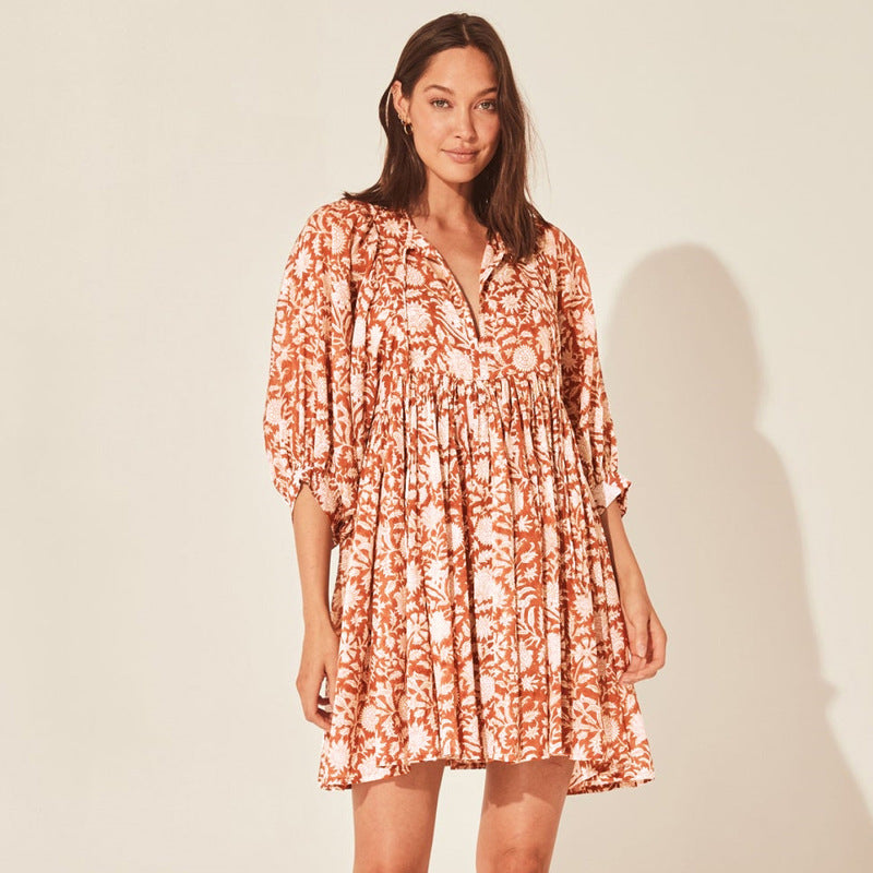Fashion Women Floral Print Lace-Up V Neck Casual Loose Lantern Sleeve Dress