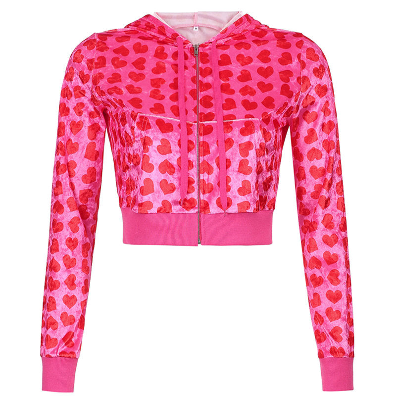 Conjunto informal de dos piezas con capucha y pantalones de cintura alta y top de manga larga con estampado de corazón para mujer