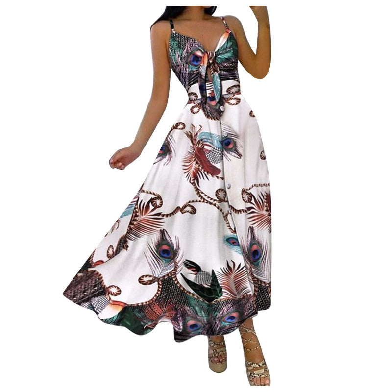 Women Casual Sexy Vacation Floral Print Knit Strap Swing Maxi Dress