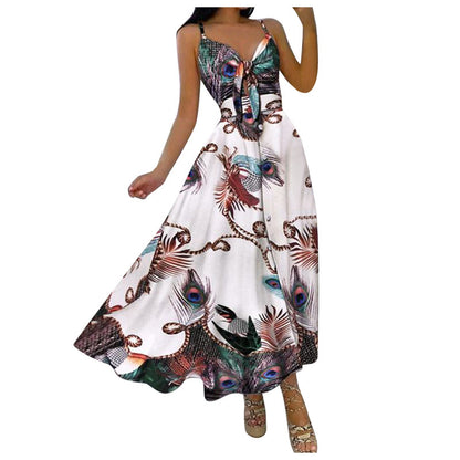Women Casual Sexy Vacation Floral Print Knit Strap Swing Maxi Dress