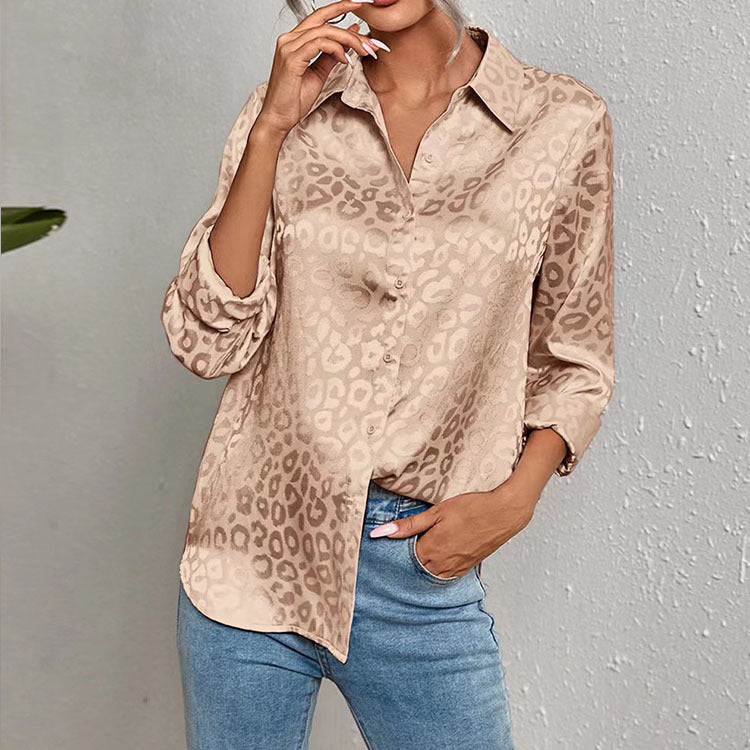 Blusa informal de manga larga con solapa y estampado de leopardo y satén jacquard para mujer