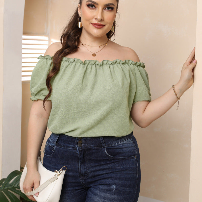 Women Fashion Casual Solid Color Off-The-Shoulder Short Sleeve Top