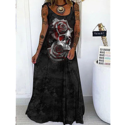 Vestido largo con estampado floral y calavera gótica informal de Halloween para mujer