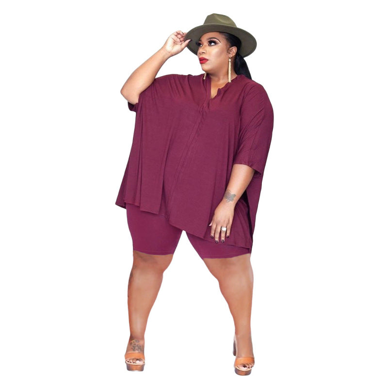 Conjunto de dos piezas de camiseta y pantalones cortos irregulares informales de manga corta para mujer de talla grande