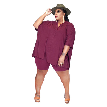 Conjunto de dos piezas de camiseta y pantalones cortos irregulares informales de manga corta para mujer de talla grande