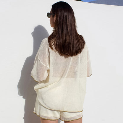 Conjunto de dos piezas de top y pantalones cortos de manga larga con solapa y perspectiva informal para mujer