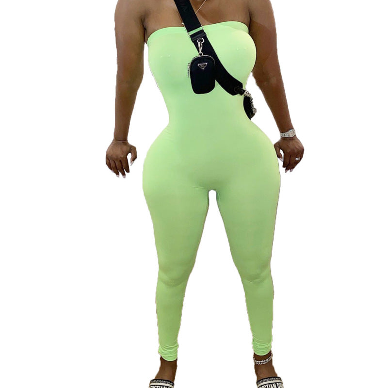 Women Casual Wrap Chest Tight Solid Color Jumpsuit