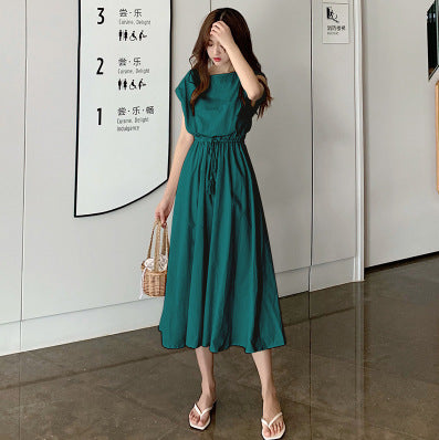 Women Fashion Minimalist Casual Solid Color Round Neck Short-Sleeve Drawstring Dress