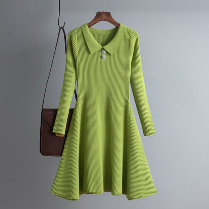 Vestido de punto de manga larga con solapa de color liso informal para mujer, otoño e invierno