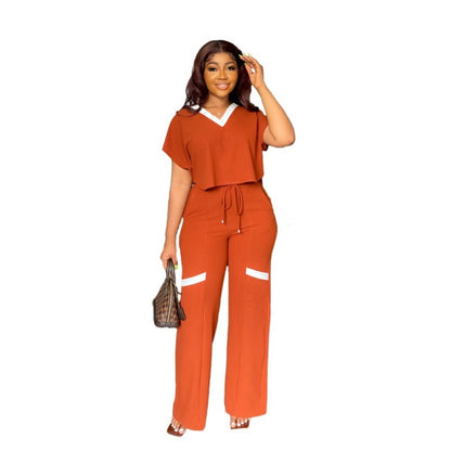 Conjunto informal de dos piezas para mujer, con cuello en V, manga corta, holgado y pantalones anchos