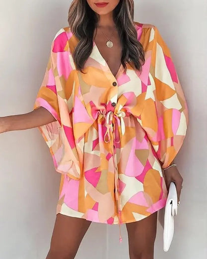 Women Elegant Bohemian Summer Short Sleeves V Neck Casual Bandage Holiday Dress