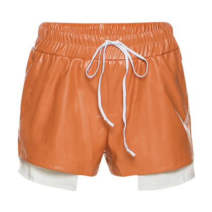 Women Contrast Color Imitation Leather Lace High Waist Hip Tight Casual Shorts