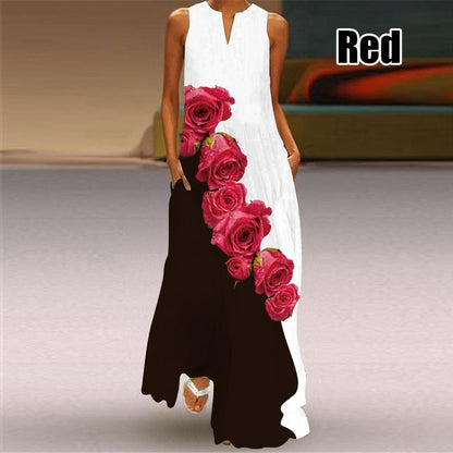 Women Plus Size Casual Fashion Boho Style Floral Heart Print Sleeveless Maxi Loose Dress