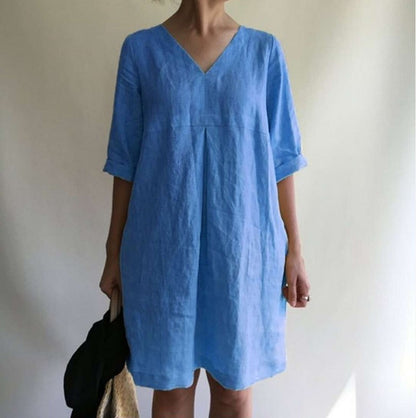 Women Fashion Casual Solid Color V-Neck Dress