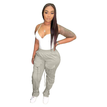 Women Solid Color Elastic High Waist Bandage Casual Pants