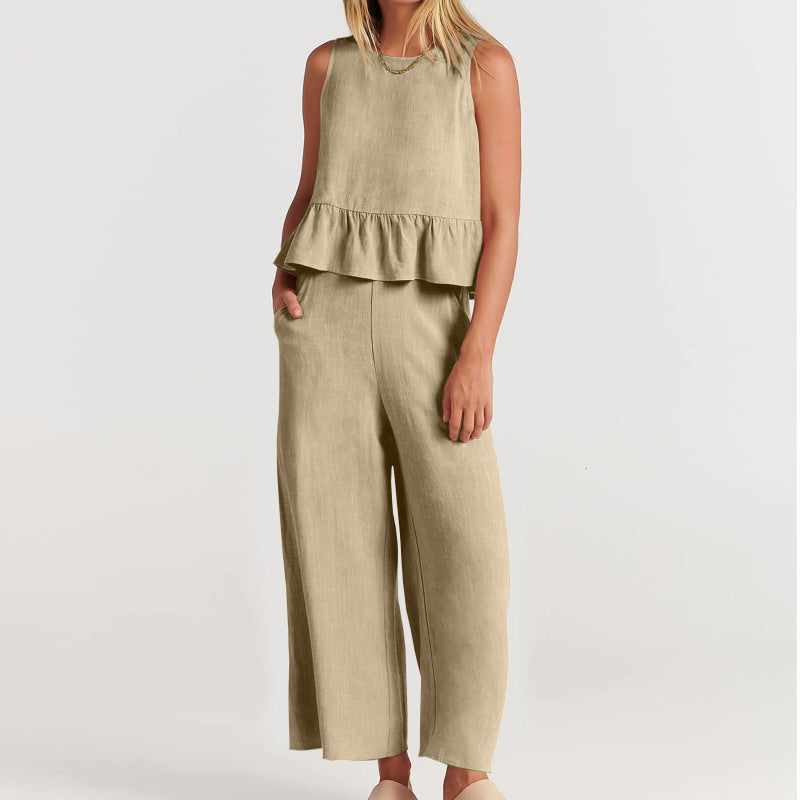 Conjunto de pantalón holgado sin mangas con volantes informales de color liso para mujer