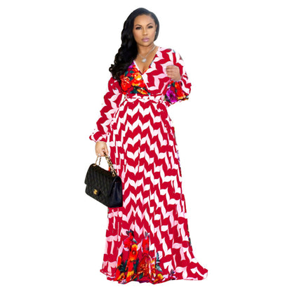 Women Fashion Casual Digital Printing V-Neck Long Sleeve Loose Dress