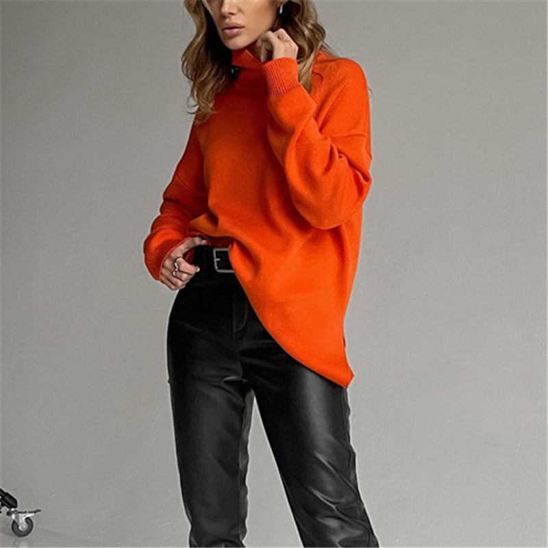 Women Casual Fashion Autumn Winter Loose Turtleneck Solid Color Long-Sleeveside Slit Sweater