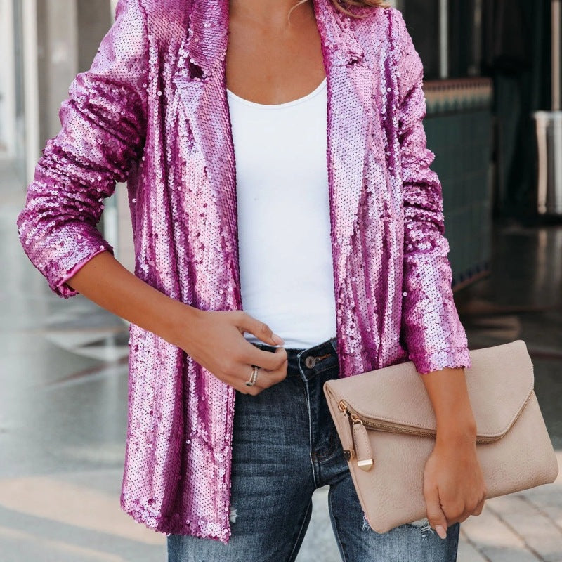 Blazer informal de manga larga con solapa y lentejuelas lisas para mujer
