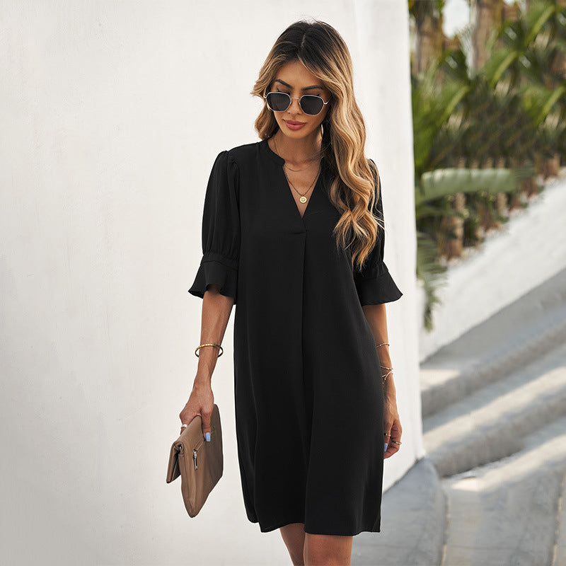 Summer Women Loose Casual Solid Color V-Neck Chiffon Dress