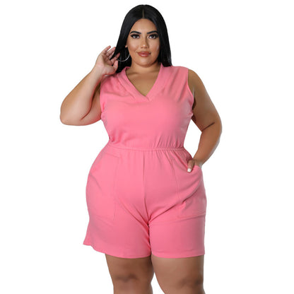 Plus Size Women V-Neck Solid Color Sleeveless Pockets Casual Waist Rompers