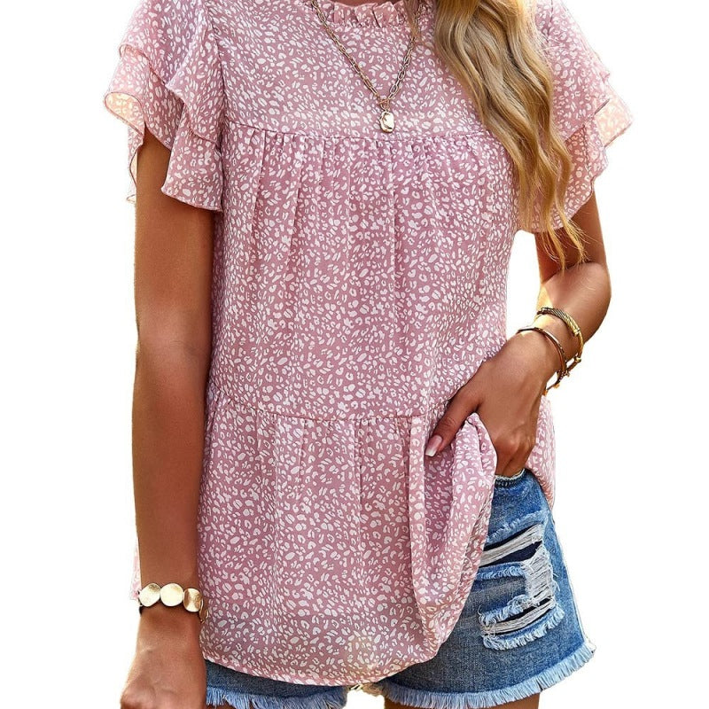 Blusa informal de mujer con estampado floral, volantes, manga corta y cuello redondo