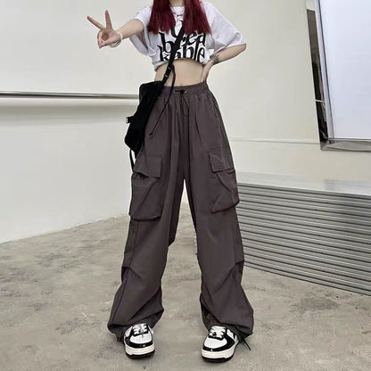 Pantalones cargo holgados de pierna de color sólido estilo retro informal para mujer
