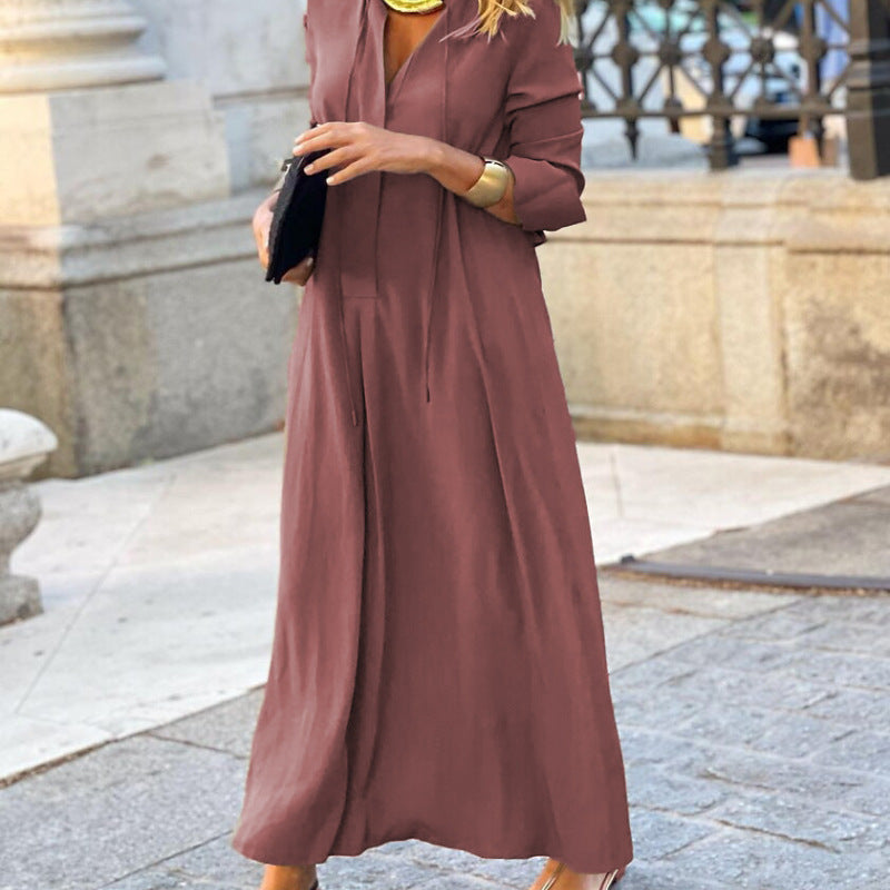 Women Solid Color Lapel Long Sleeve Loose Casual Long Dress