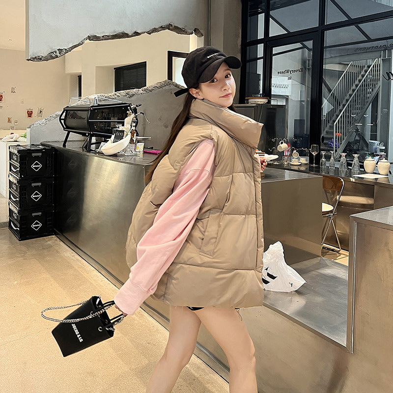 Autumn Winter Women Casual Solid Stand Collar Sleeveless Quilted Coat Vest