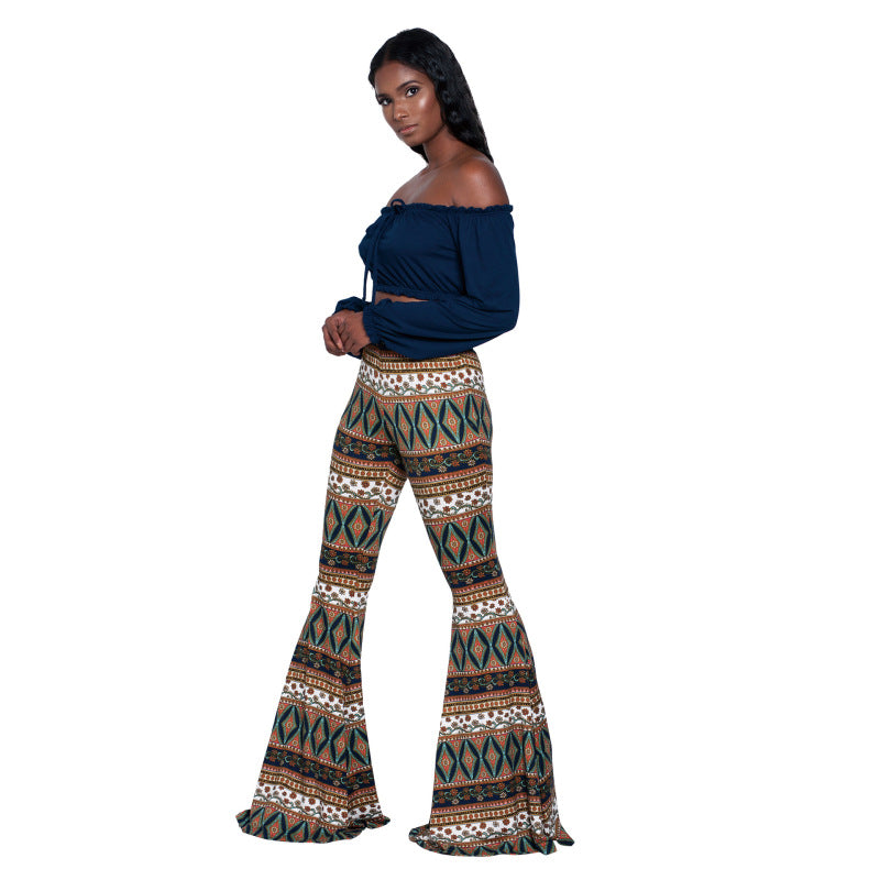 Women Printed High Waist Fashion Casual Flared Pants