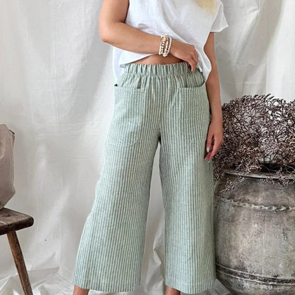 Women'S Fashion Casual Cotton Linen Stripe Loose Wide Leg Pants