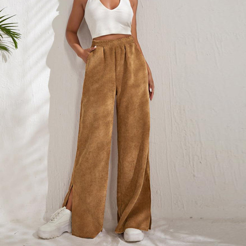 Women Fashion High Waist Casual Solid Color Corduroy Stitching Slit Pants