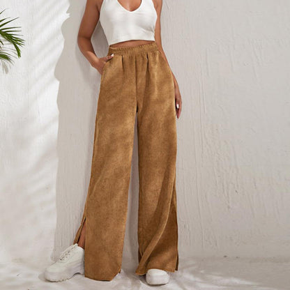 Women Fashion High Waist Casual Solid Color Corduroy Stitching Slit Pants
