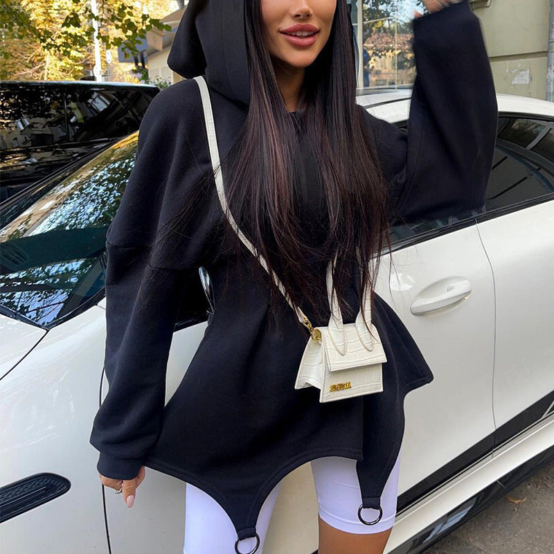 Fashion Women Casual Solid Color Loose Long-Sleeved Hooded Irregular Hemline Sweat Dress