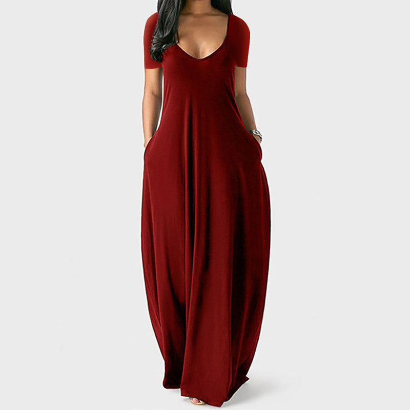 Summer Plus Size Women Basic Solid Color Casual V Neck Short-Sleeved Maxi Dress With Pockets