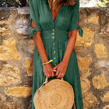 Women Casual Boho Short-Sleeved Defined Waist Multi-Button Midi Dress