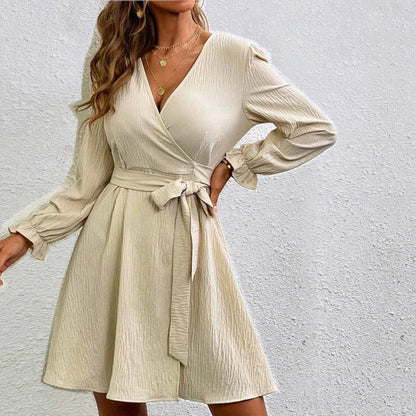 Women Casual Solid Color Slit V Neck Sash Long Sleeve Wrap Dress