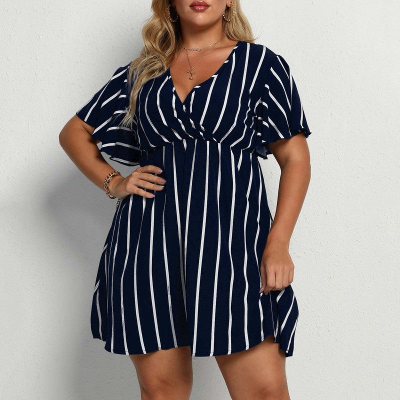 Women Plus Size Stripe V-Neck Short-Sleeved Casual V Neck Dress