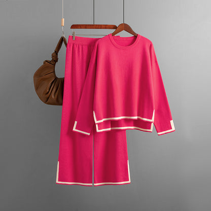 Conjunto de dos piezas de pantalón ancho de punto de manga larga con abertura en contraste para mujer, informal, para otoño e invierno