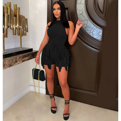 Conjunto de dos piezas de camiseta sin mangas informal para mujer, pantalones cortos con borlas y cordón ajustable, color liso