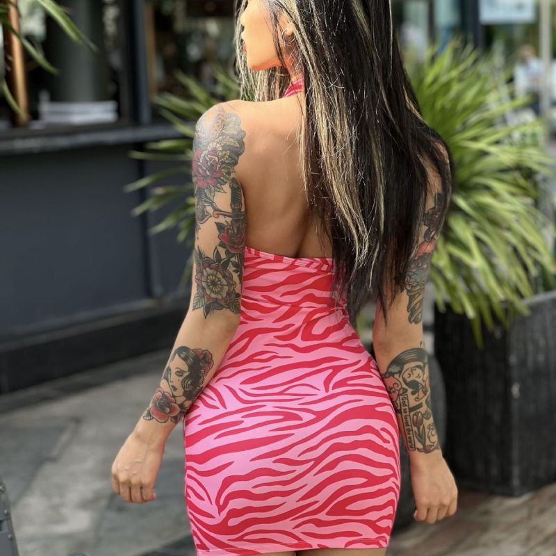 Vestido de mujer sexy informal con estampado de cebra, cuello halter, espalda descubierta y sin mangas