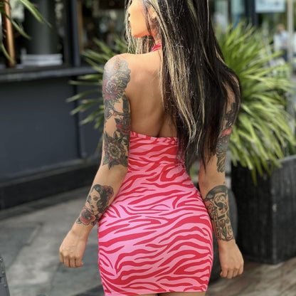 Vestido de mujer sexy informal con estampado de cebra, cuello halter, espalda descubierta y sin mangas
