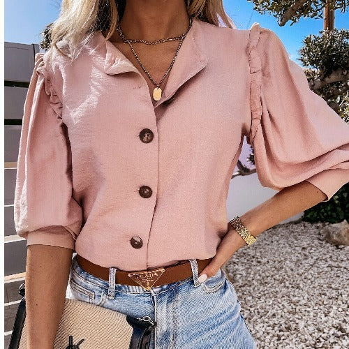 Blusa elegante básica informal de color liso con mangas cortas y volantes para mujer