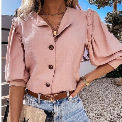 Blusa elegante básica informal de color liso con mangas cortas y volantes para mujer