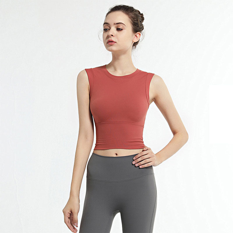 Women Casual Tight Solid Color Round Neck Sleeveless Sports Tank Top