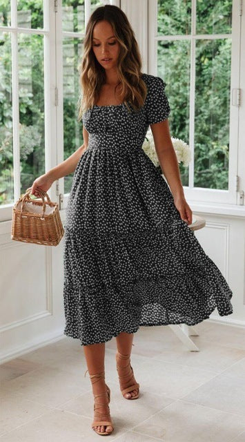 Women Fashion Vacation Casual Square Neck Short Sleeve Defined Waist Floral Midi Dress
