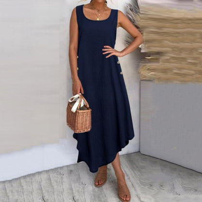 Vestido largo informal de lino y algodón con botones y vuelo irregular para mujer de verano