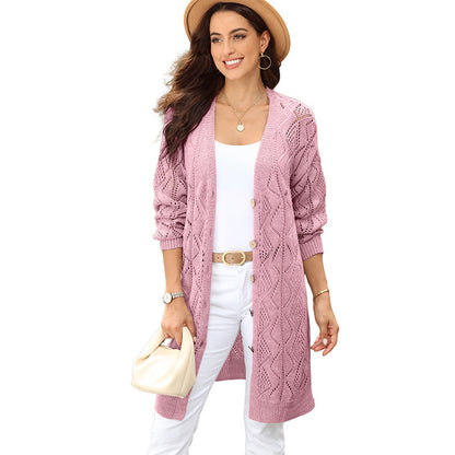 Cárdigan informal de punto calado de color liso para mujer