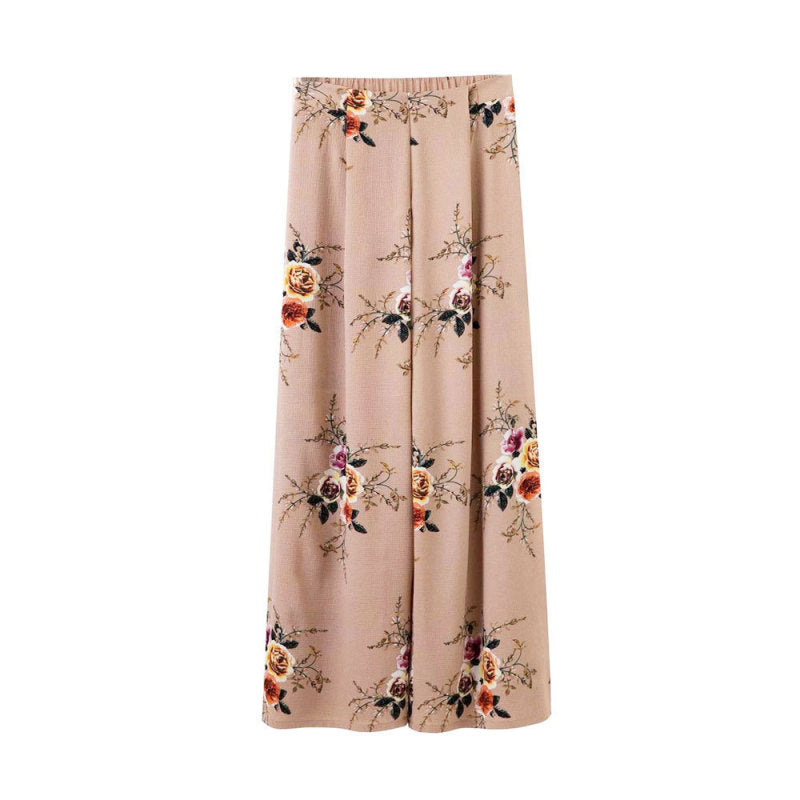 Women Printed High Waist Loose Casual Slit Wide Leg Pants